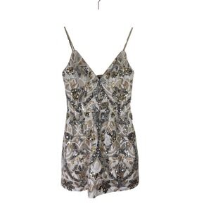 Dress The Population Sample Sequin Mini Gold Silver White Floral V-Neck Small